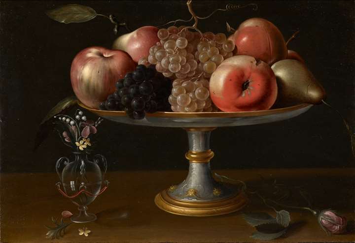 Still-life with Apples, Pears and Grapes, Flowers in a Glass Vase and a Rose